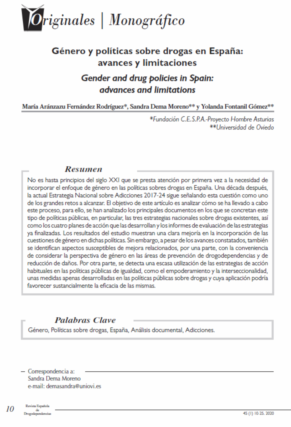 Fernández Rodríguez, M.A. et Al: Género y políticas sobre drogas en España: avances y limitaciones