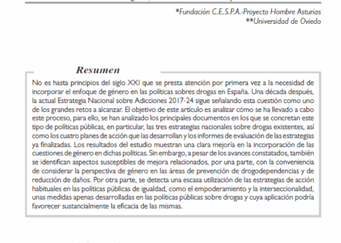 Fernández Rodríguez, M.A. et Al: Género y políticas sobre drogas en España: avances y limitaciones