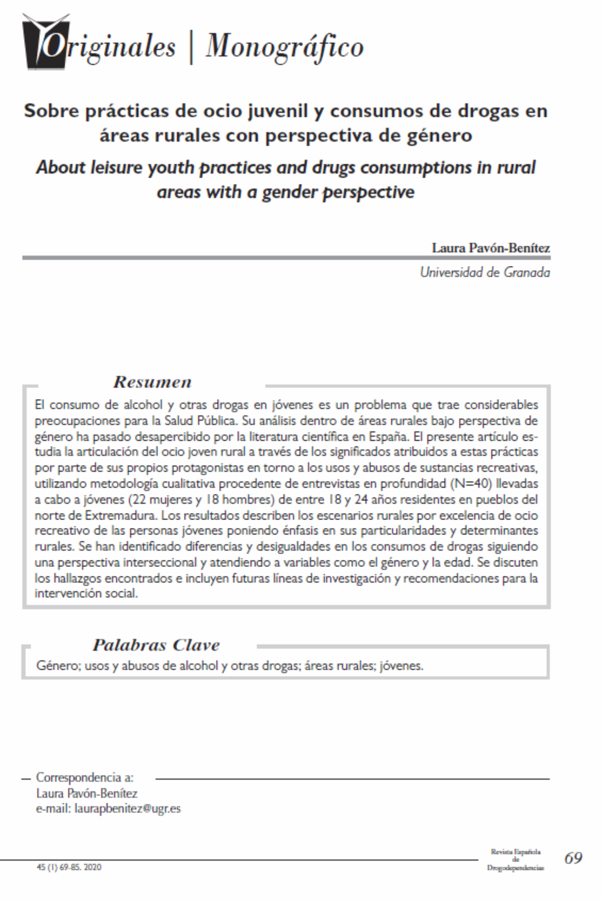 Pavón Benitez, Laura: Sobre prácticas de ocio juvenil y consumos de drogas en áreas rurales con perspectiva de género