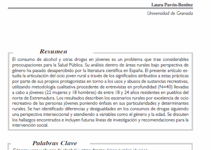 Pavón Benitez, Laura: Sobre prácticas de ocio juvenil y consumos de drogas en áreas rurales con perspectiva de género