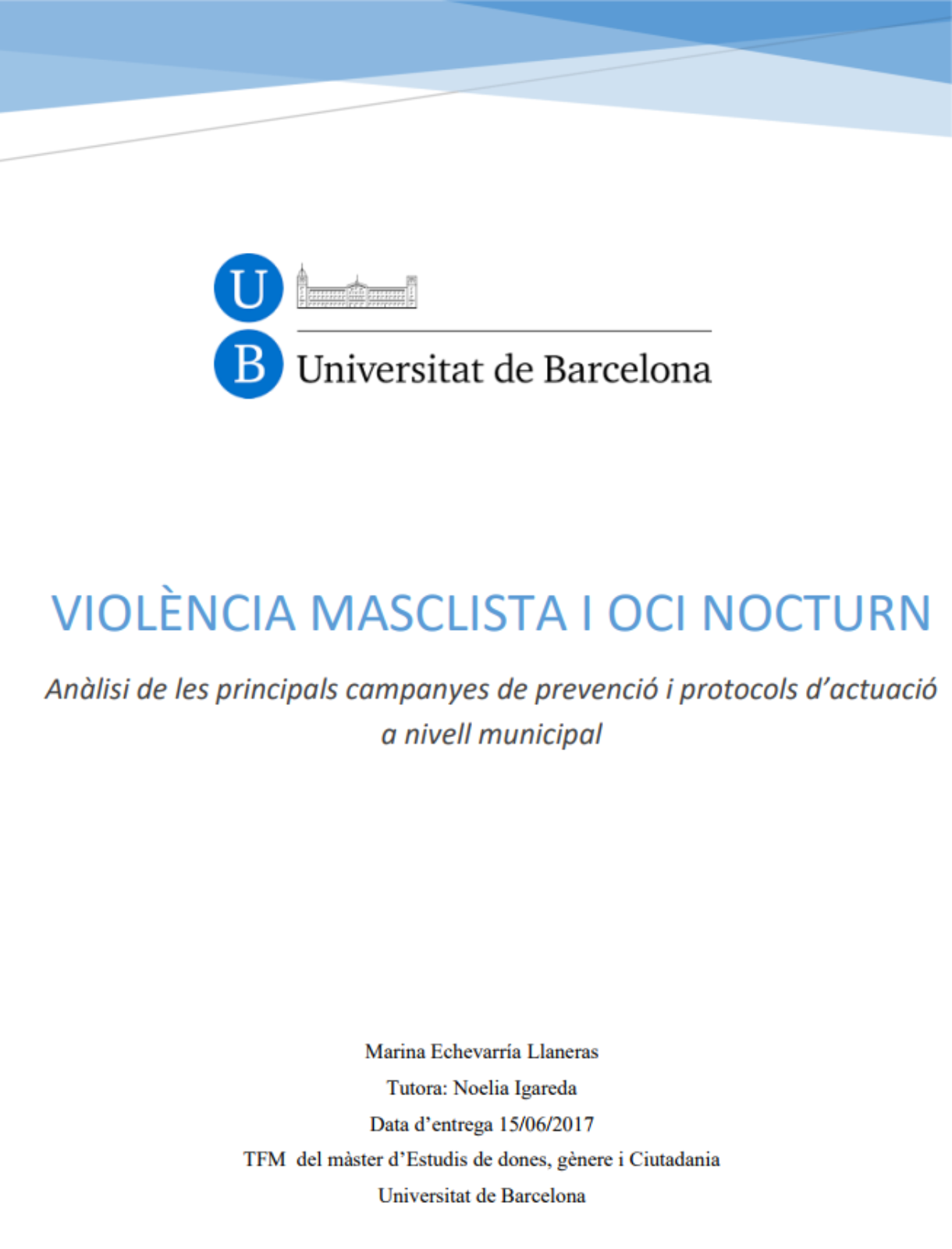 VIOLÈNCIA MASCLISTA I OCI NOCTURN. Anàlisi de les principals campanyes de prevenció i protocols d’actuació a nivell municipal