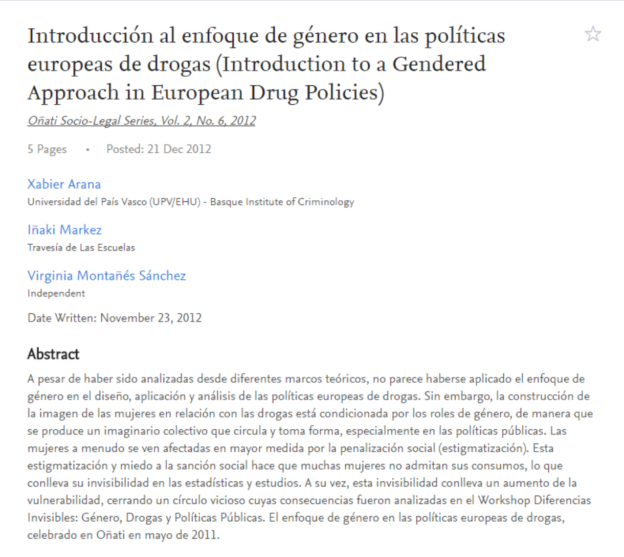 Arana, X., Markez, I., Montañés, V. : Introducción al enfoque de género en las políticas europeas de drogas