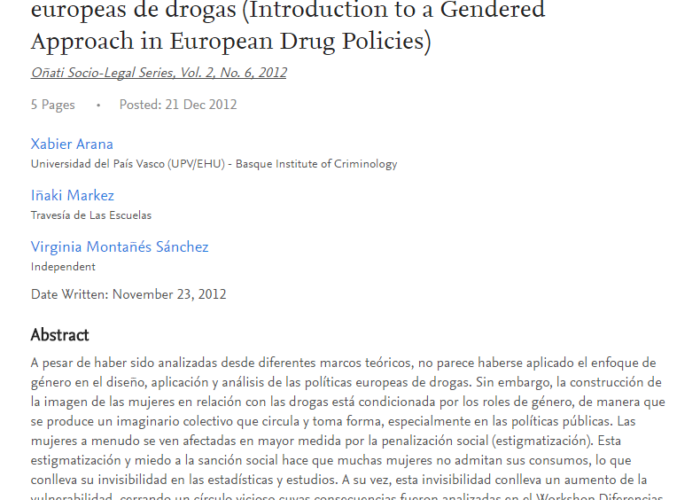 Arana, X., Markez, I., Montañés, V. : Introducción al enfoque de género en las políticas europeas de drogas