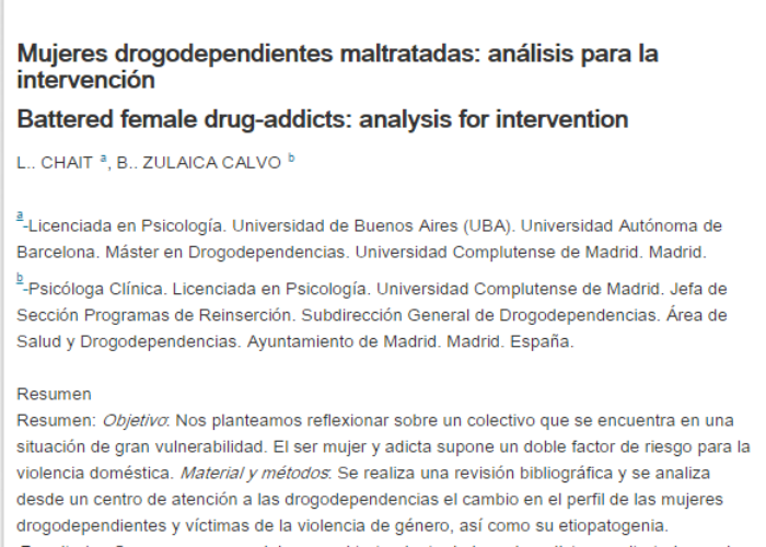 Chait, L. y Zulaica, B.: Mujeres drogodependientes maltratadas: análisis para la intervención