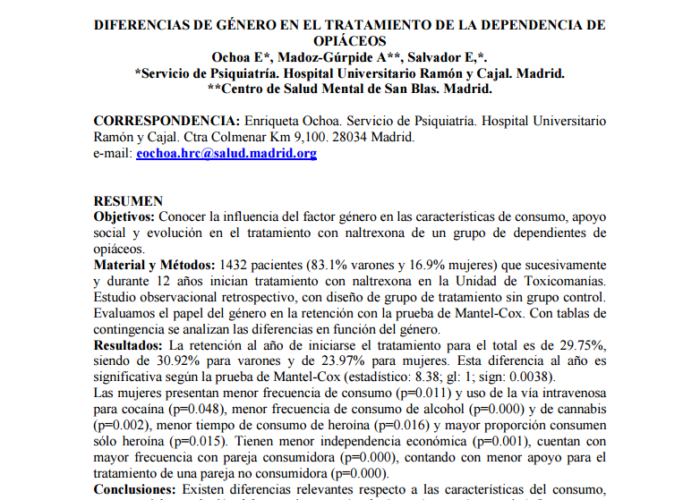 Ochoa Mangado, Enriqueta, et al.: Diferencias de género en el tratamiento de la dependencia de opiáceos